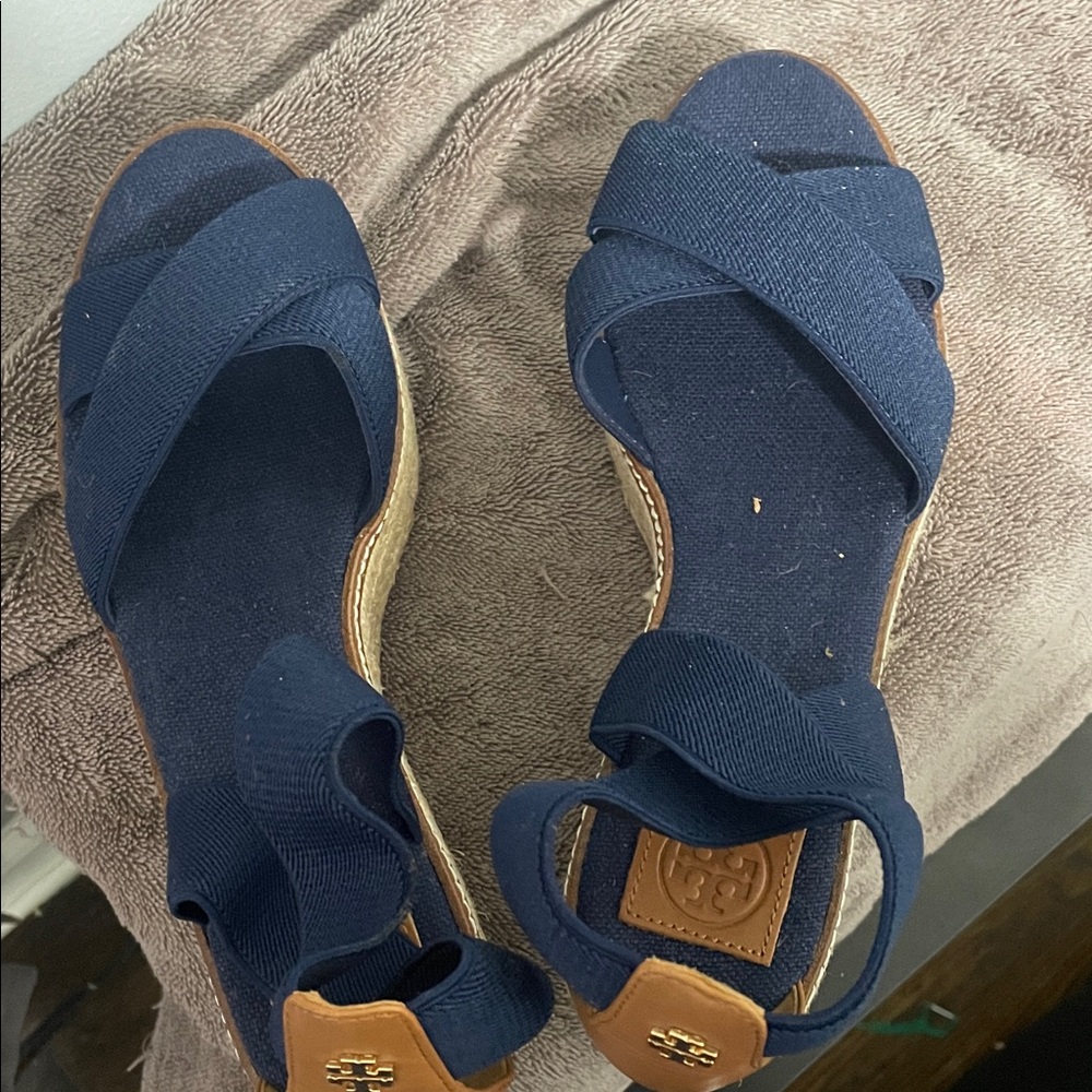 Tory Burch Blue and Tan Espadrilles with Criss-Cross Straps
